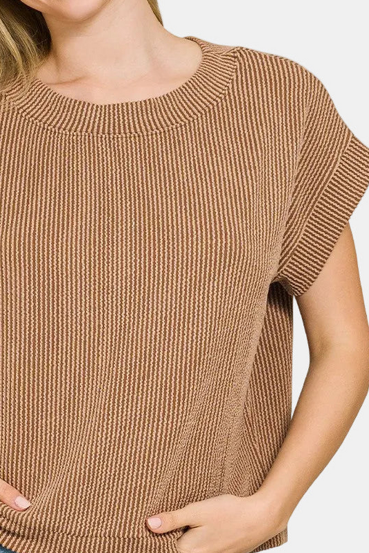 Raised Rib Cap Sleeve Top / BROWN