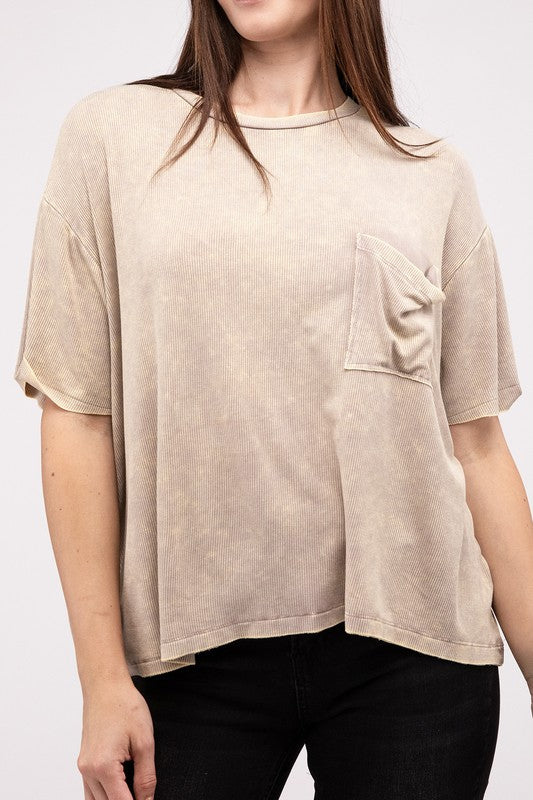 Washed Ribbed Cuffed Short Sleeve Round Neck Top / ASH MOCHA