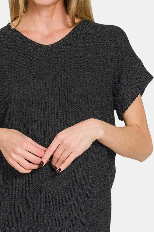 Center Seam Short Sleeve Sweater / BLACK