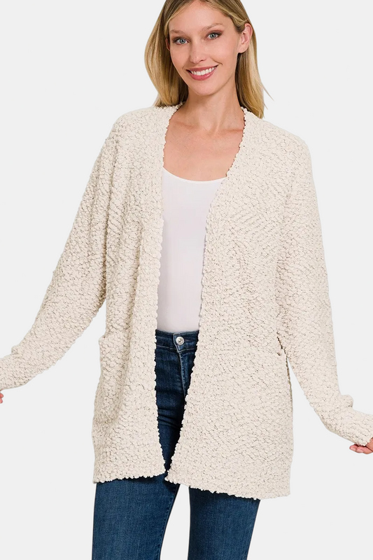 Long Sleeve Popcorn Sweater Cardigan with Pockets / SAND BEIGE