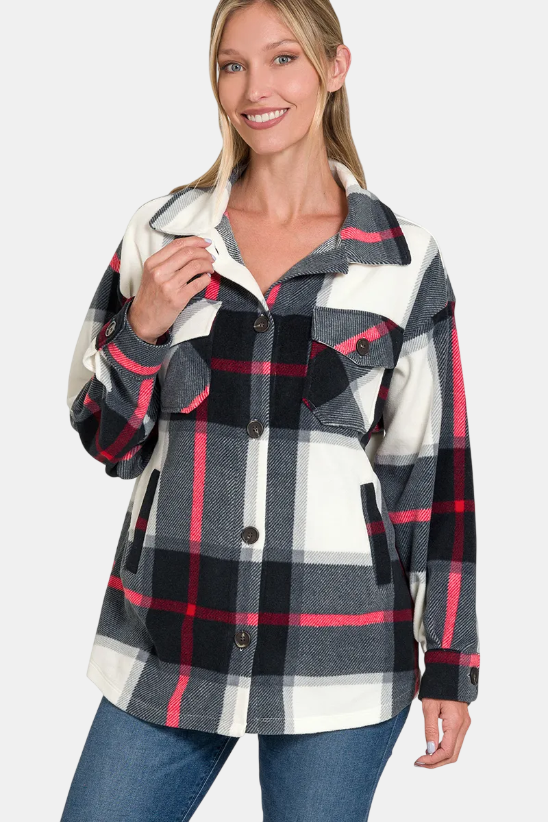 Oversized Plaid Fleece Shacket / BLACK