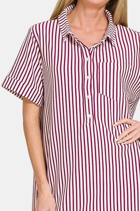 Stripe Collared Half Button Up T-Shirt Dress / CABERNET