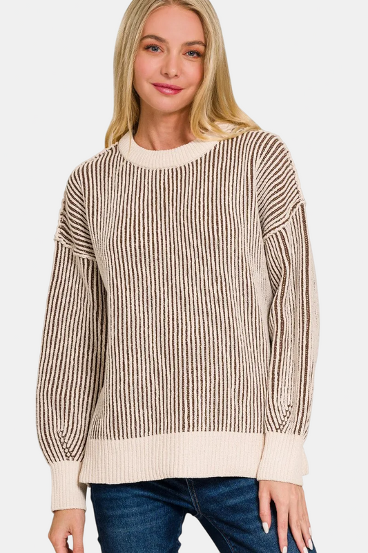 Two Tone Crewneck Sweater / BROWN