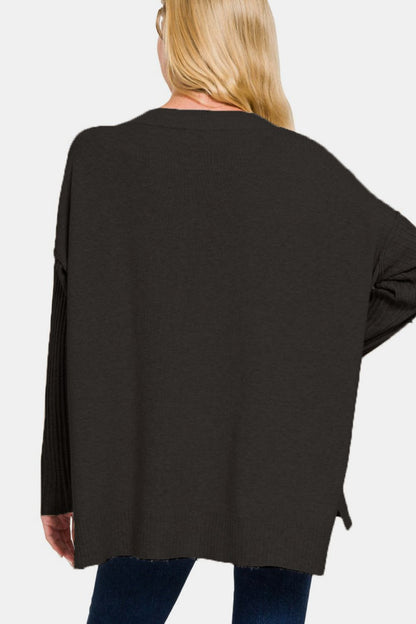 Viscose Ribbed Hem & Sleeve V-Neck Sweater