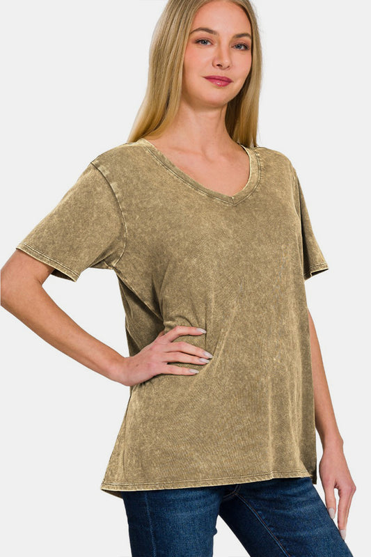 Washed Short Sleeve V-neck Top / MOCHA