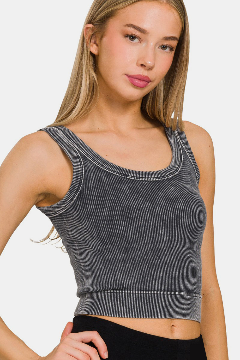 Washed Ribbed Cropped Scoop Neck Tank Top
