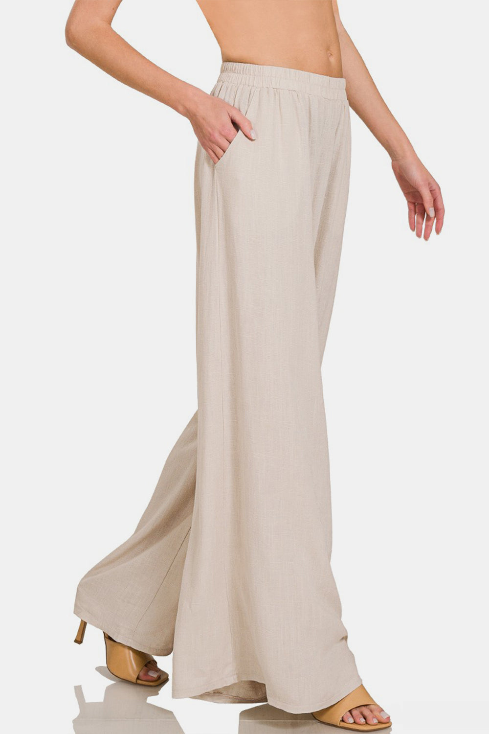 Woven Pleated Linen Blend Wide Leg Pants