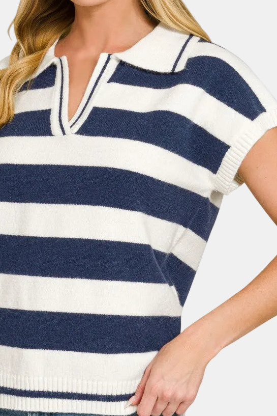 Block Striped Collared Short Sleeve Sweater / NAVY