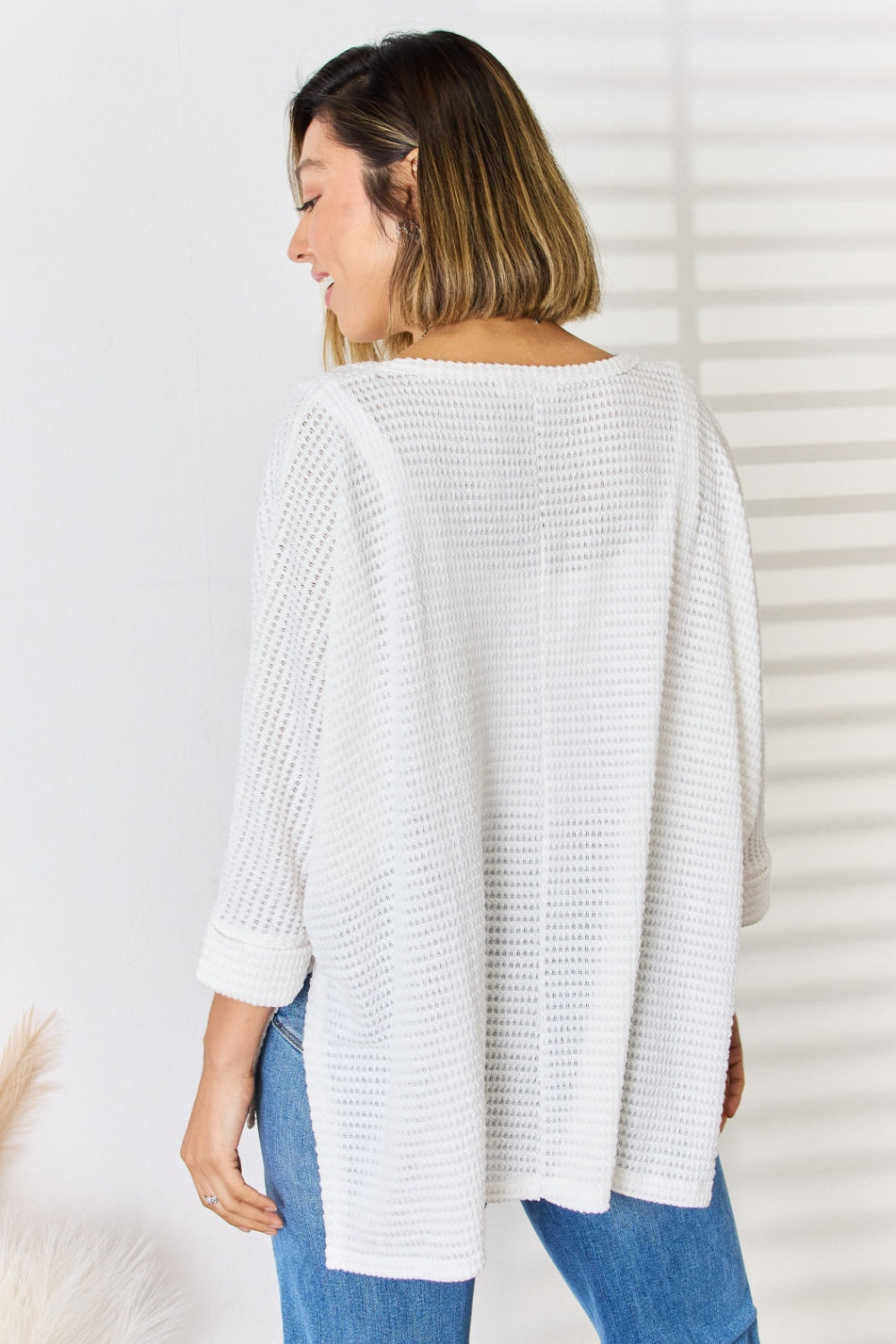 3/4 Sleeve V-Neck Hi-Low Hem Jacquard Sweater