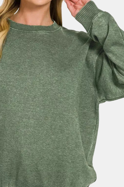 Fleece Acid Enzyme Washed Round Neck Sweatshirt / ARMY GREEN