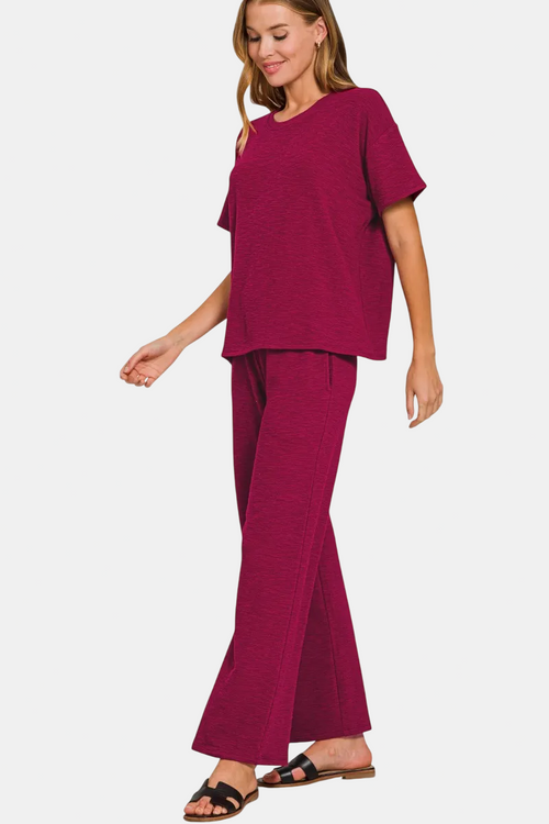 Slub Short Sleeve Top & Pants Set / CABERNET
