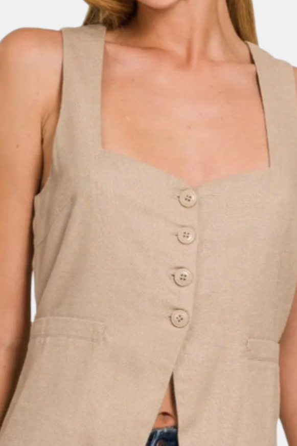 Linen Tie-Back 4-button Vest with Lining / LT MOCHA