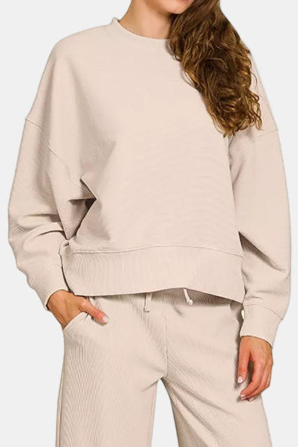 Ribbed Round Neck Pullover & Pants Set / SAND BEIGE