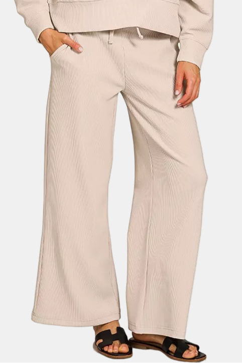 Ribbed Round Neck Pullover & Pants Set / SAND BEIGE