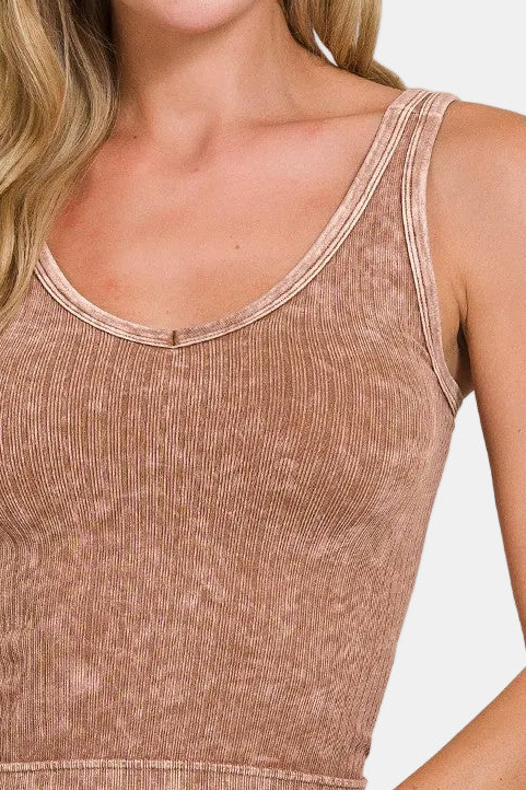 Washed Ribbed Seamless Cropped V-Neck Tank Top / DEEP CAMEL