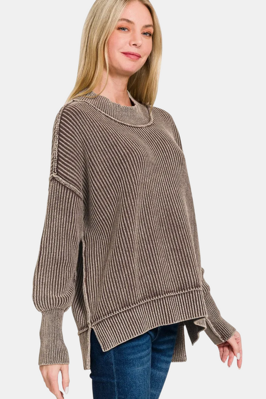 Washed Side Slit Oversized Sweater / BROWN