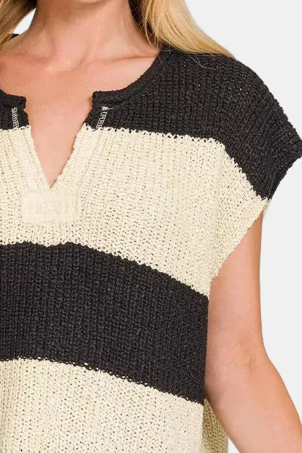 Split Neck Sleeveless Stripe Sweater / BLACK