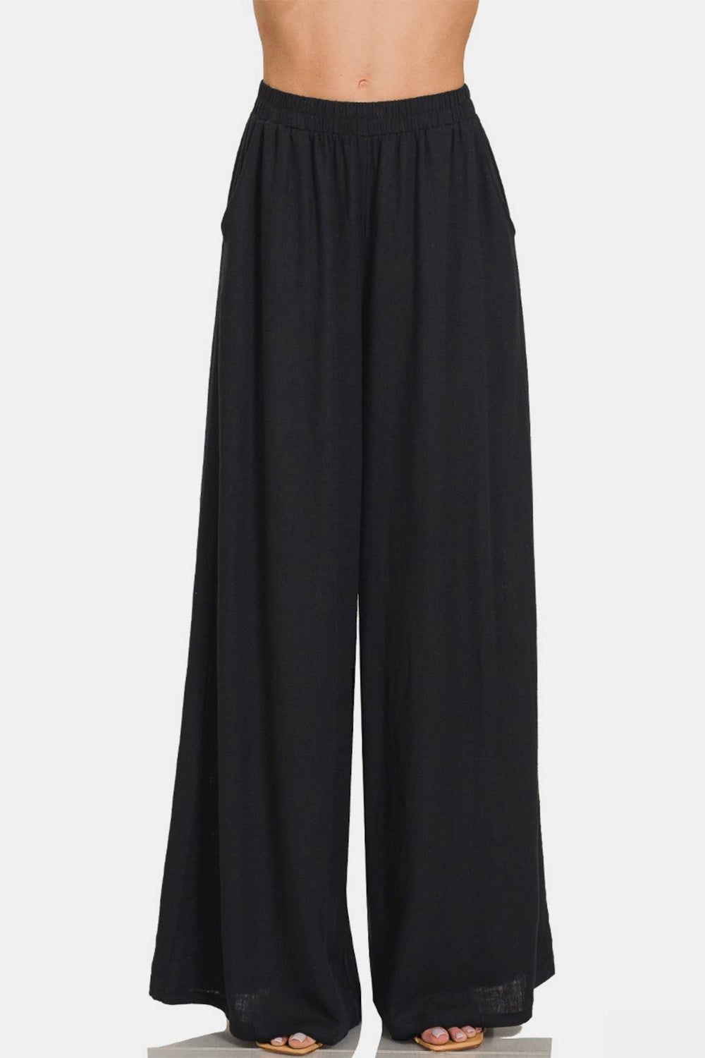 Woven Pleated Linen Blend Wide Leg Pants