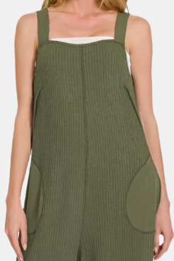 Knit Waffle Wide Leg Overalls / DK OLIVE