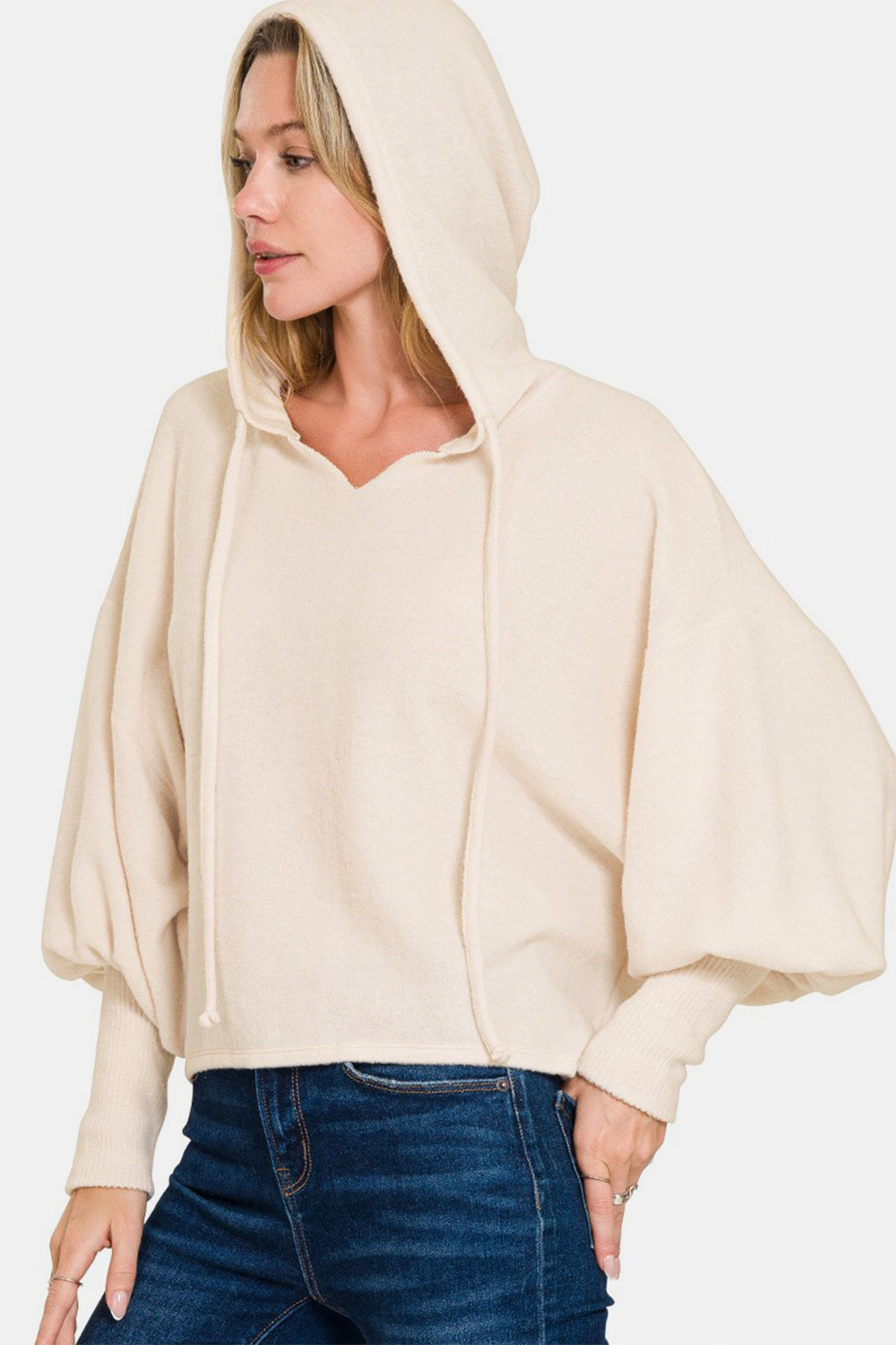 Soft Brushed Hacci Cropped Balloon Sleeve Hoodie