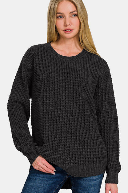 Hi-Low Long Sleeve Round Neck Waffle Sweater