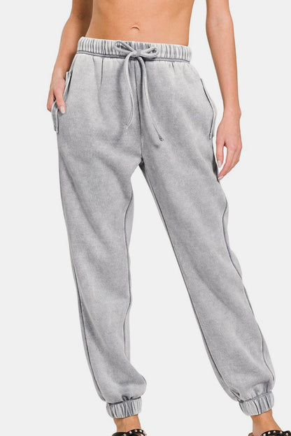 Acid Wash Fleece Sweatpants With Pockets