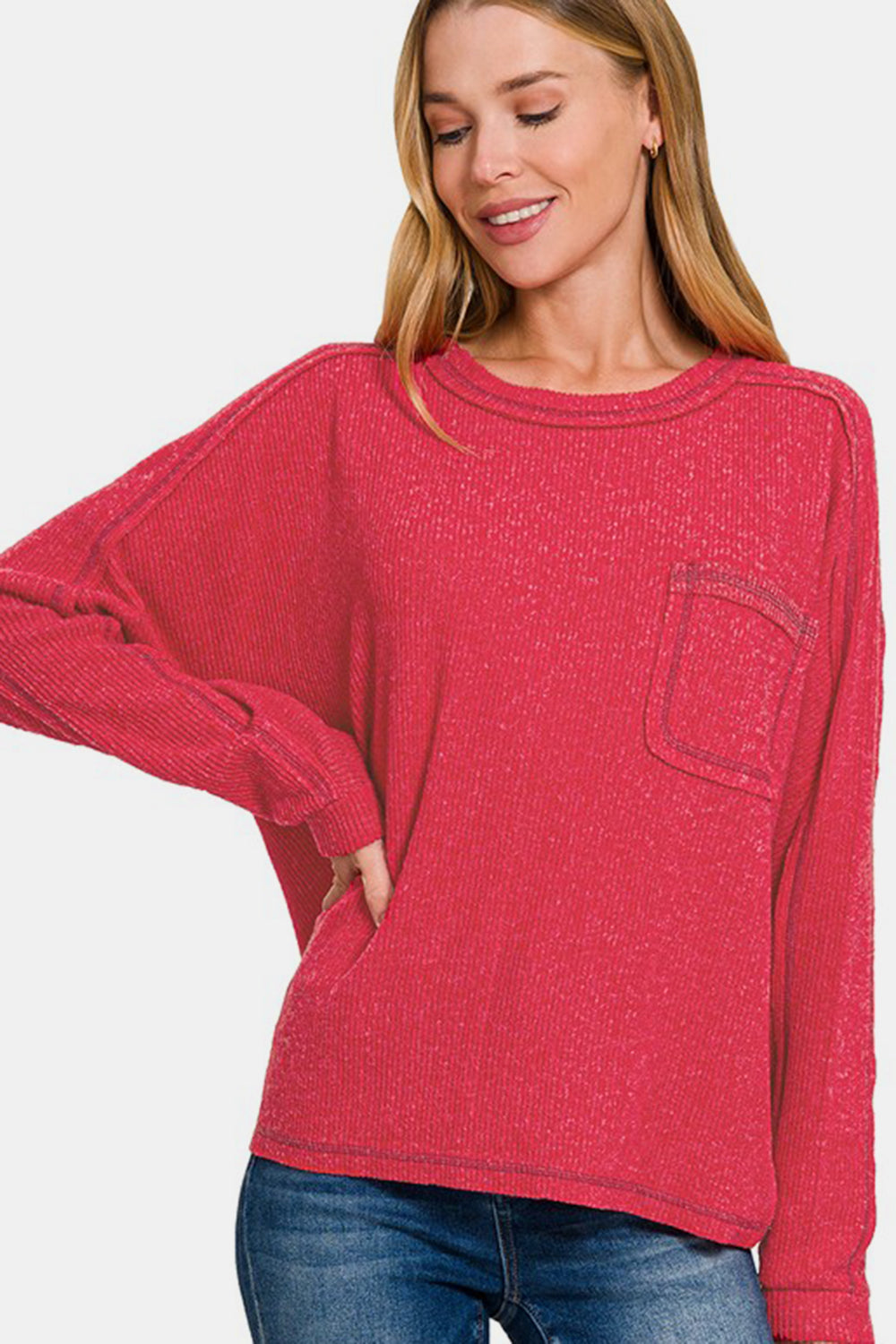 Brushed Ribbed Hacci Round Neck Sweater