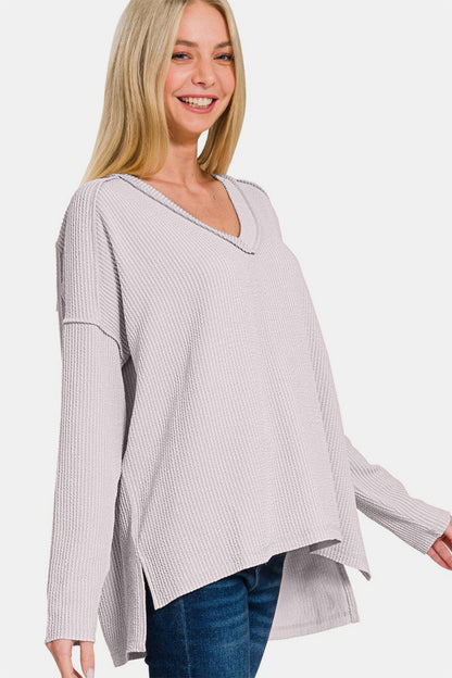 Corded Rib Long Sleeve Hi-Low V Neck Top