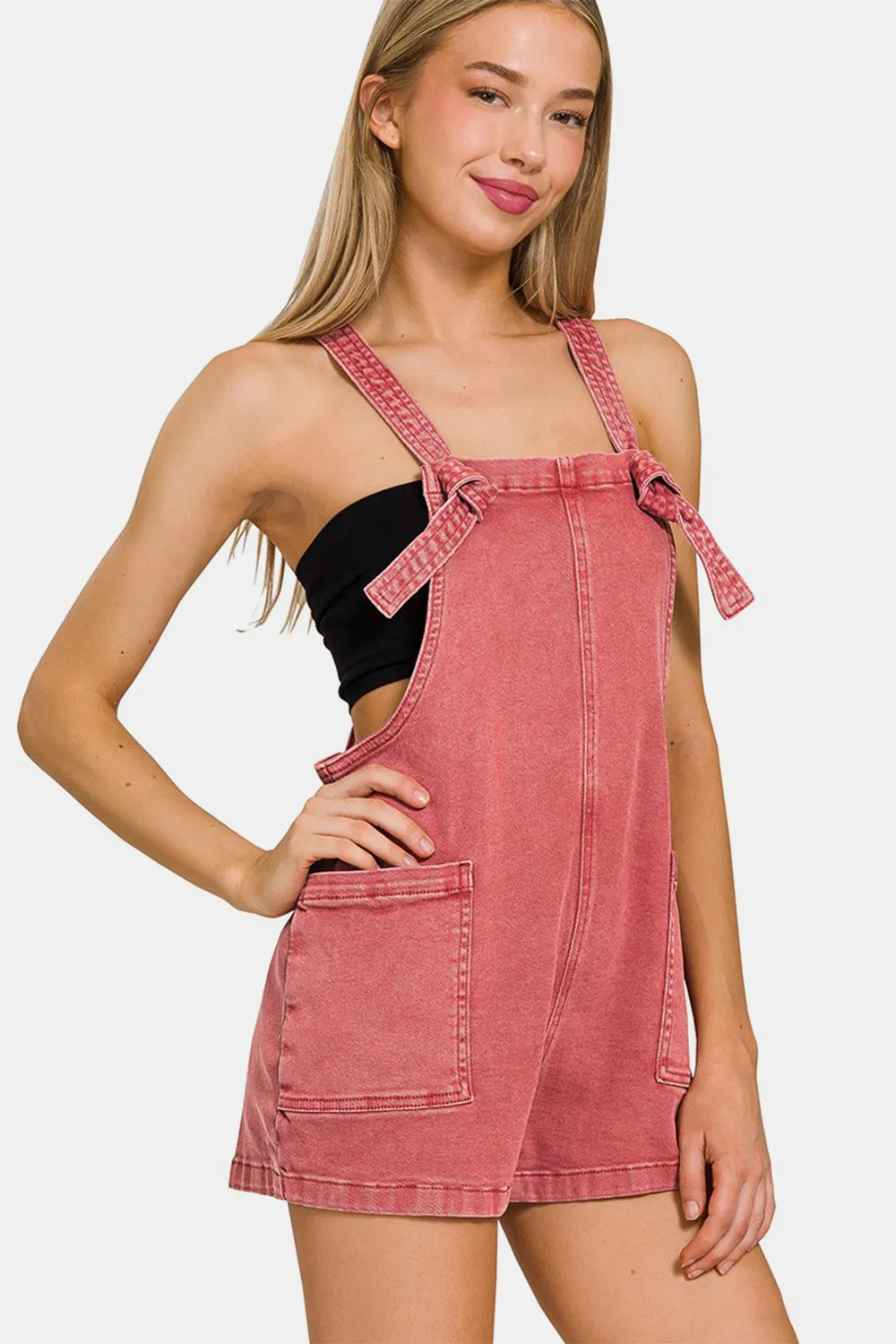 Washed Knot Strap Romper / CABERNET