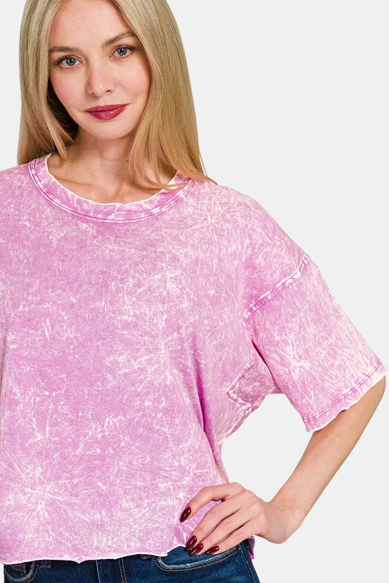 Acid Crinkle-Washed Oversized Tee / BRIGHT MAUVE