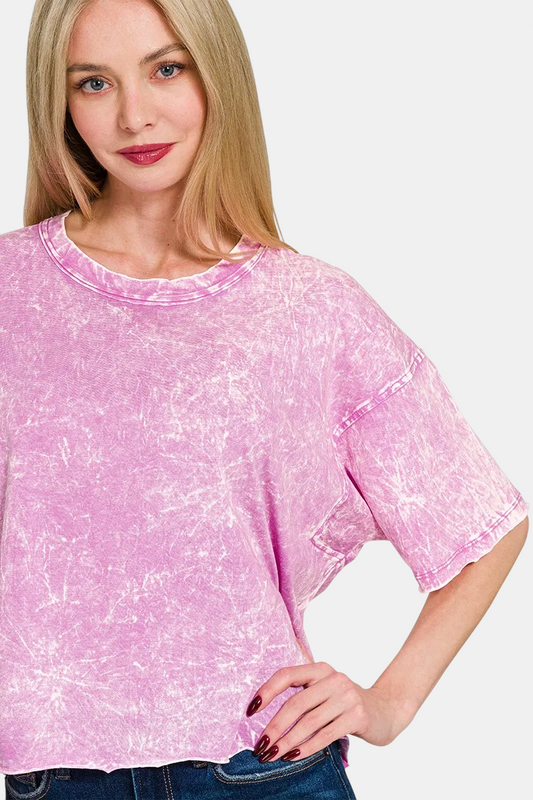 Acid Crinkle-Washed Oversized Tee / BRIGHT MAUVE