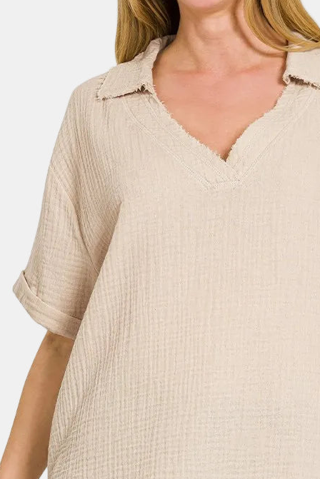 Double Gauze V-Neck Short Sleeve Top / SAND BEIGE