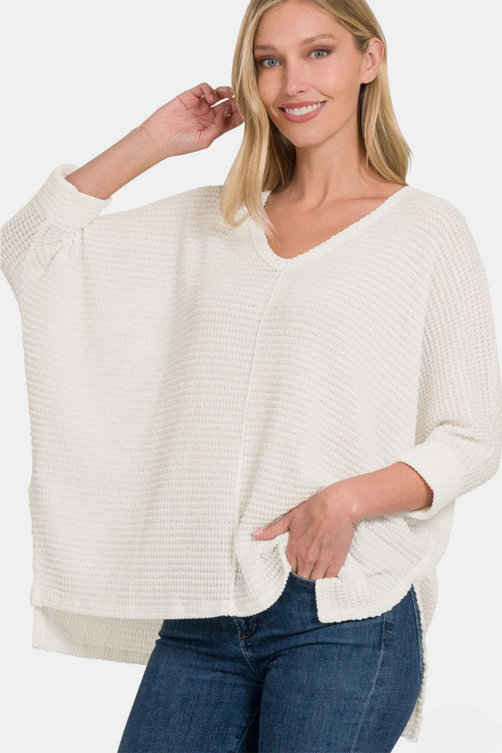 3/4 Sleeve V-Neck Hi-Low Hem Jacquard Sweater