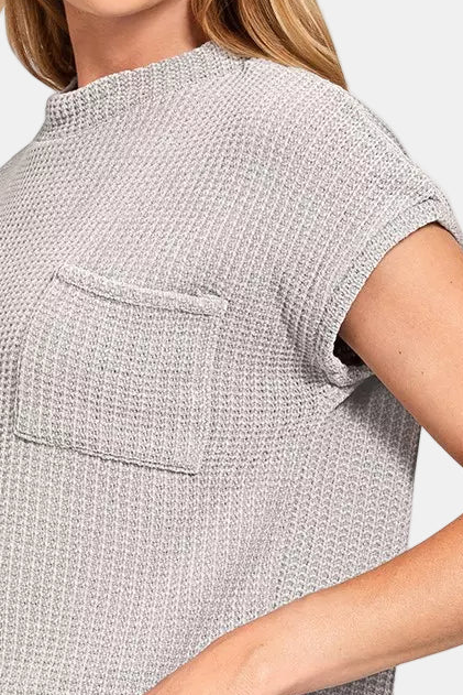 Chenille Waffle Short Sleeve Sweater / H GREY