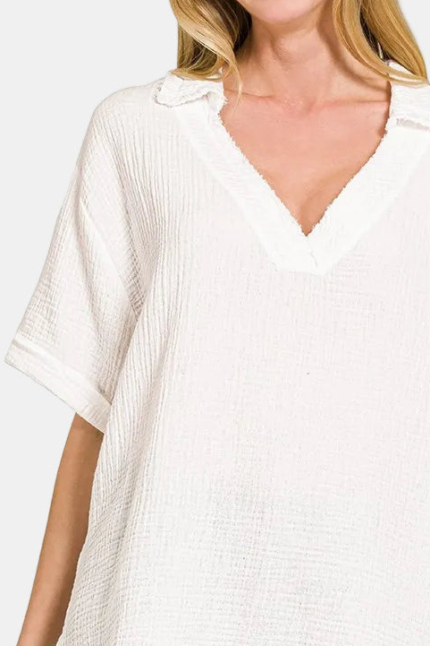 Double Gauze V-Neck Short Sleeve Top / OFF WHITE