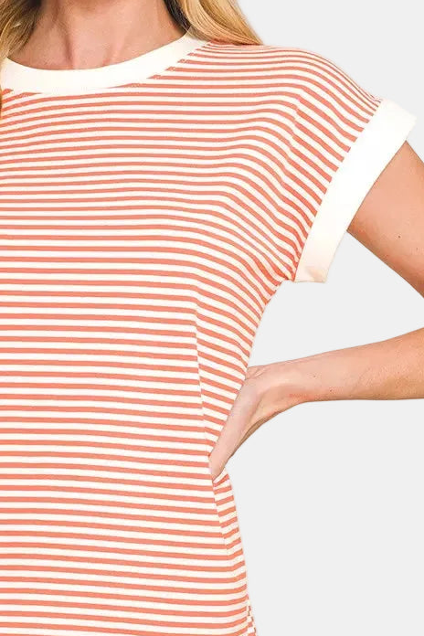 Striped Contrast Trim Top / CORAL