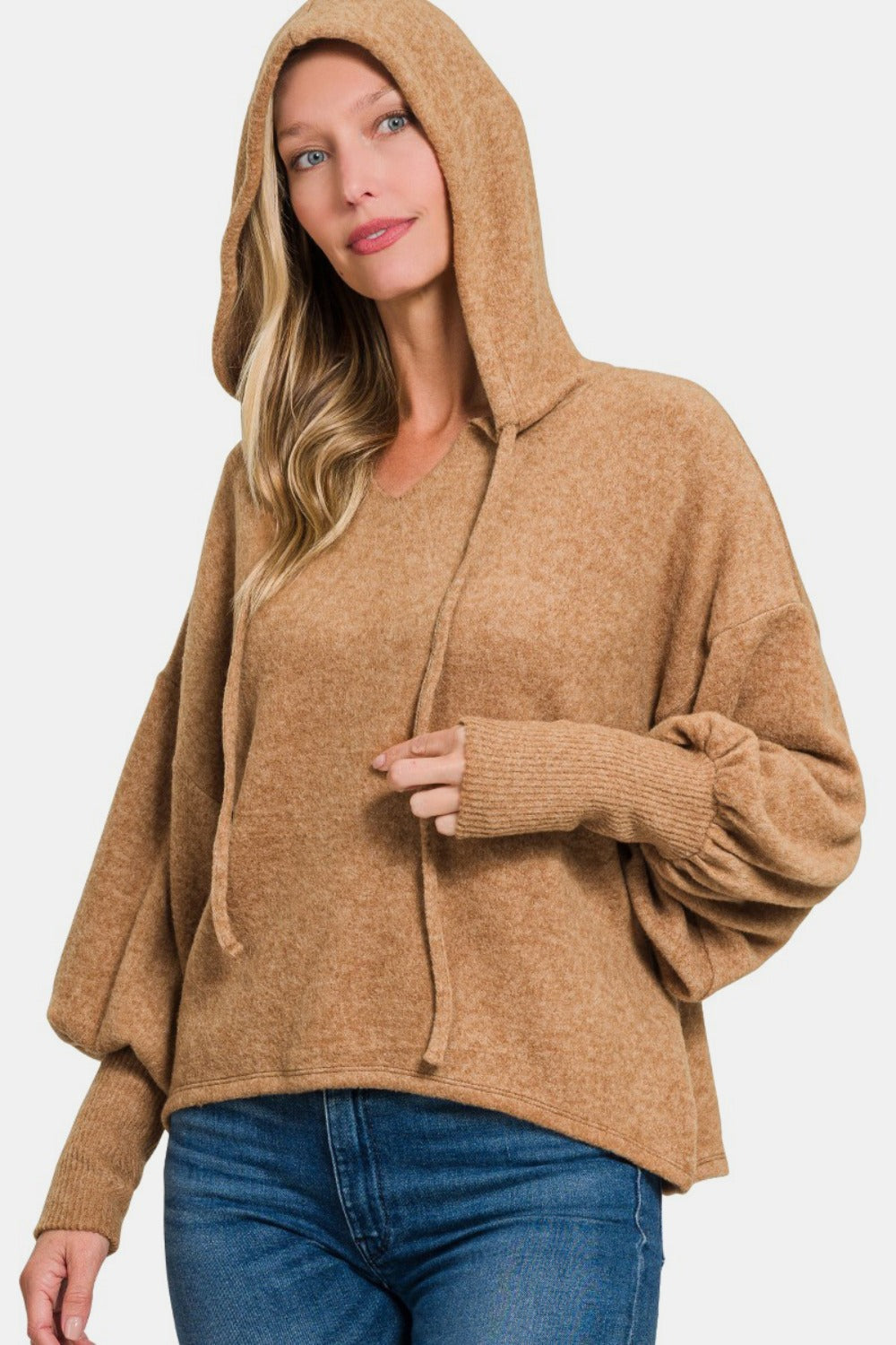 Soft Brushed Hacci Cropped Balloon Sleeve Hoodie