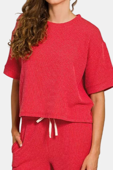Raised Rib Short Sleeve Tee & Pants Set / RUBY