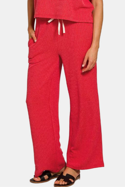Raised Rib Short Sleeve Tee & Pants Set / RUBY