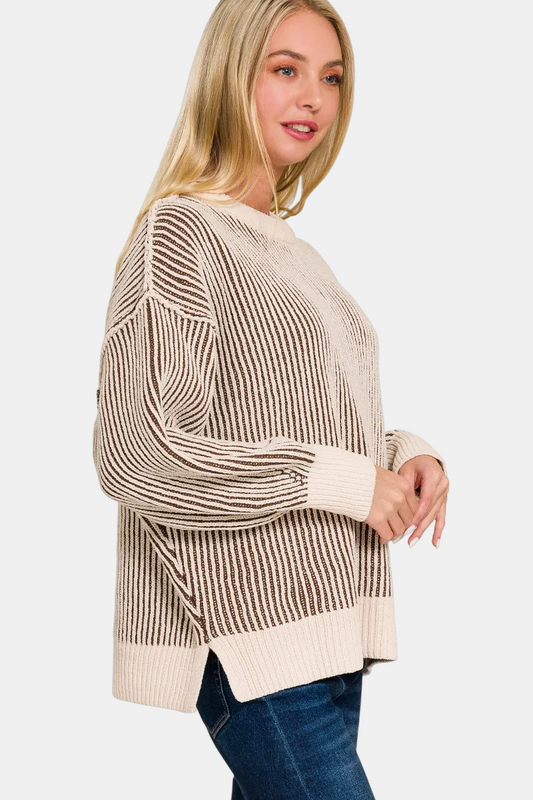 Two Tone Crewneck Sweater / BROWN
