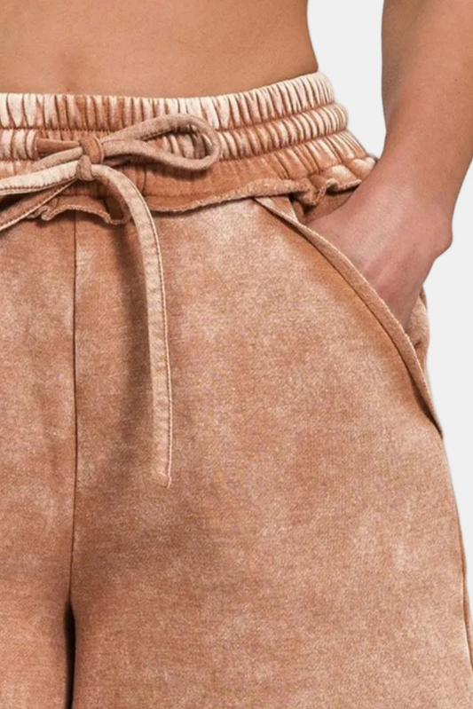 Acid Wash Fleece Drawstring Shorts With Pockets / RUST