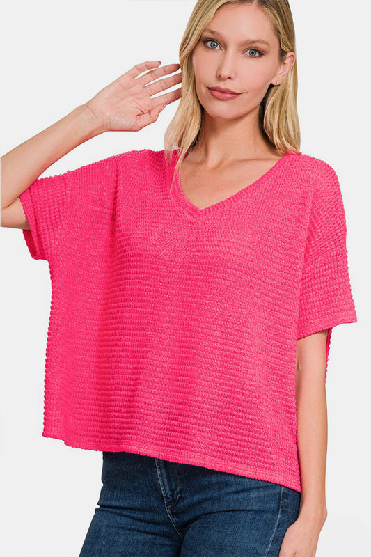 Drop Shoulder Short Sleeve Jacquard Sweater