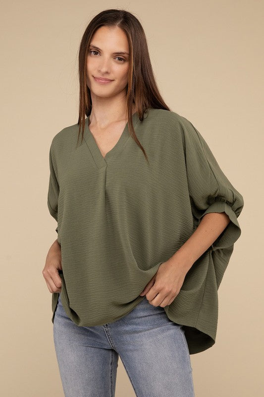 Woven Airflow V-Neck Puff Half Sleeve Top / LT OLIVE