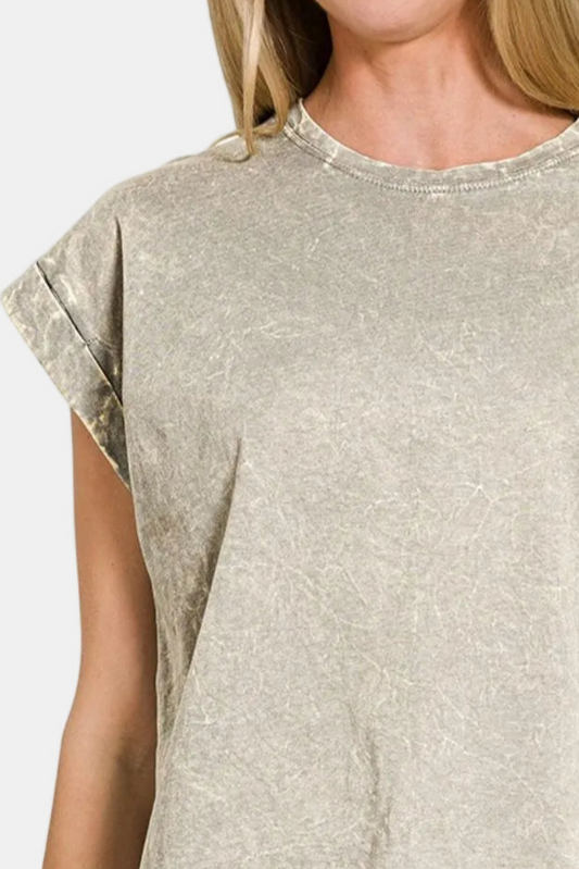 Crinkle Washed Round Neck Folded Short Sleeve Tee / SLEET