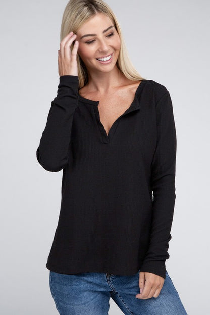 Melange Baby Waffle V-Neck Long Sleeve Top