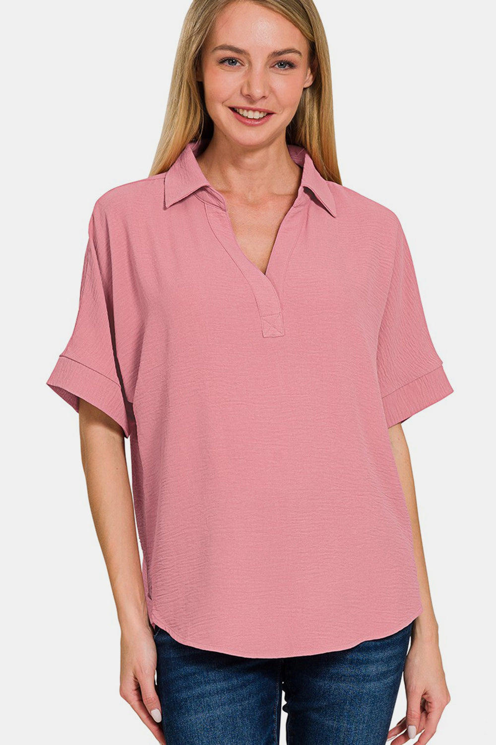 Woven Airflow Collared V-Neck Short Sleeve Top