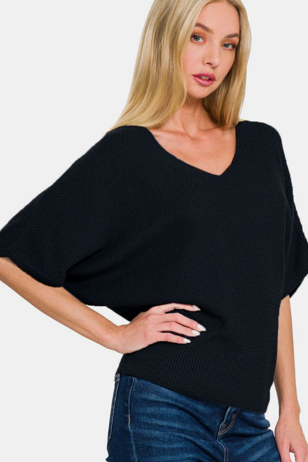 V-Neck Short Sleeve Dolman Sweater