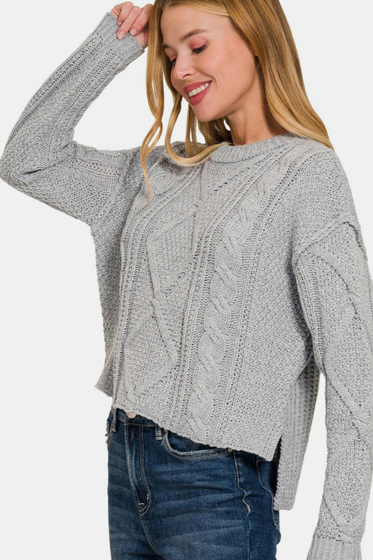 Cropped High Low Cable Sweater With Side Slits