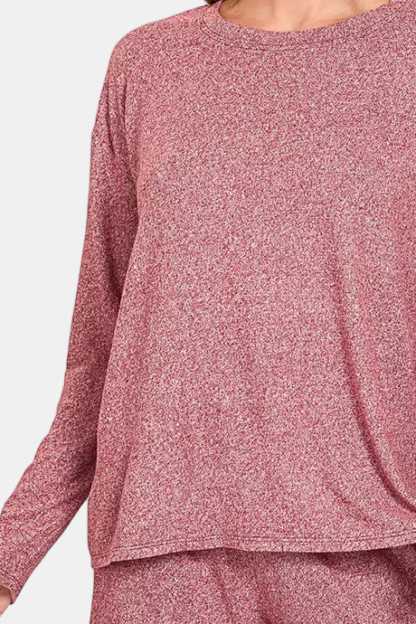 Soft Melange Long Sleeve Tee & Shorts Set / CABERNET