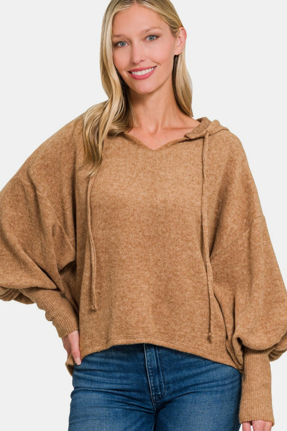 Soft Brushed Hacci Cropped Balloon Sleeve Hoodie